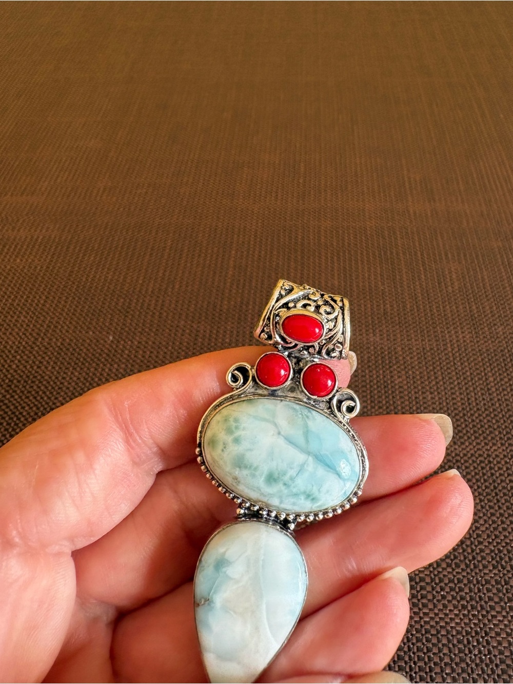 New! 925 Sterling Silver Overlay Larimar & Red Coral Multi Gemstone Pendant - Picture 10 of 15